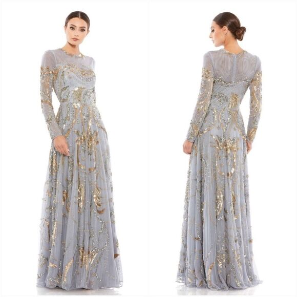 Mac Duggal Platinum Gold Long Sleeve Embellished Illusion Gown size 16 NWT - Picture 1 of 11